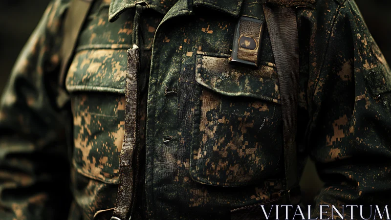 Weathered digital camouflage field jacket with harness straps