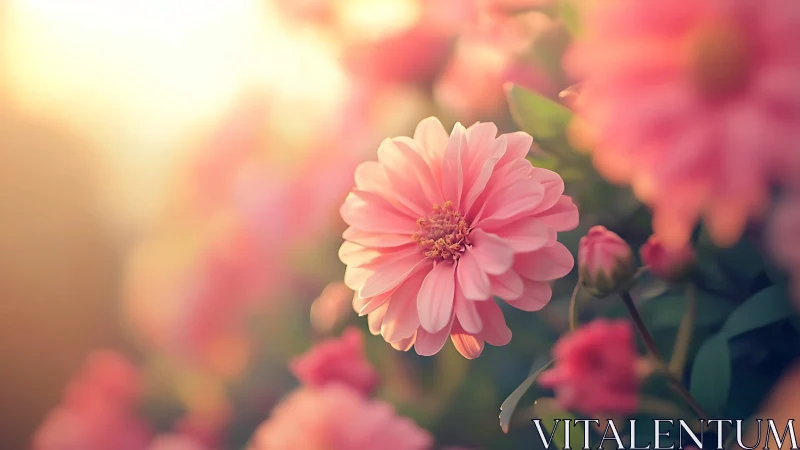 Pink Gerbera Daisy in Soft-Focus Garden with Warm Bokeh Background