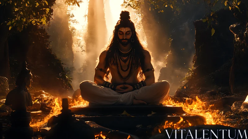 Fire-ringed forest yogi in molten sunrise stillness.