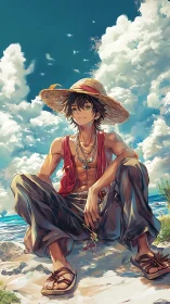 Sunlit daydreamer in a straw hat claims the shoreline