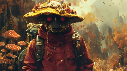 Mushroom wanderer in a glowing autumn forest dreamscape.