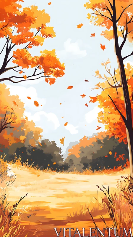 Autumn forest path shows orange foliage under clear sky