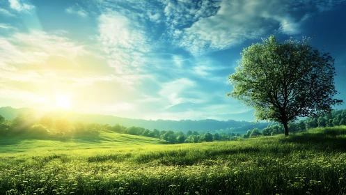 Morning sunlight pours over a peaceful green meadow and lone tree