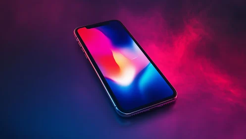 Luminous smartphone resting in a dreamy neon color haze.