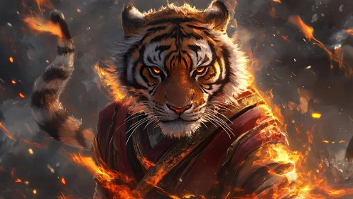 Anthropomorphic tiger figure in flames with embers surrounding.