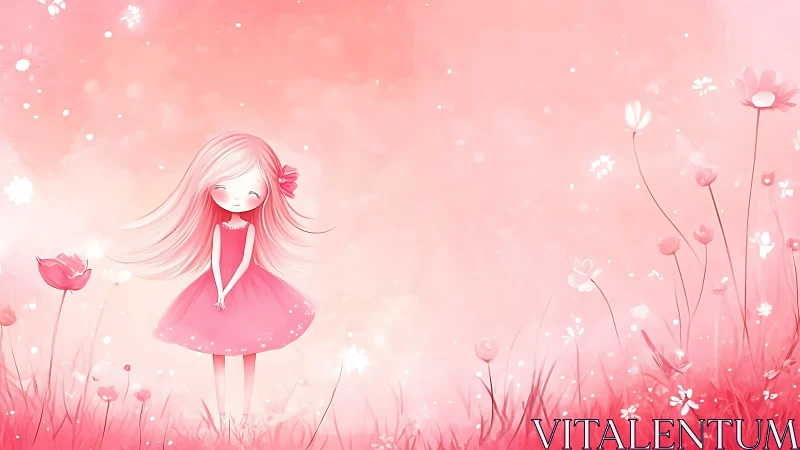 Pink meadow girl glows inside dreamy floral haze.