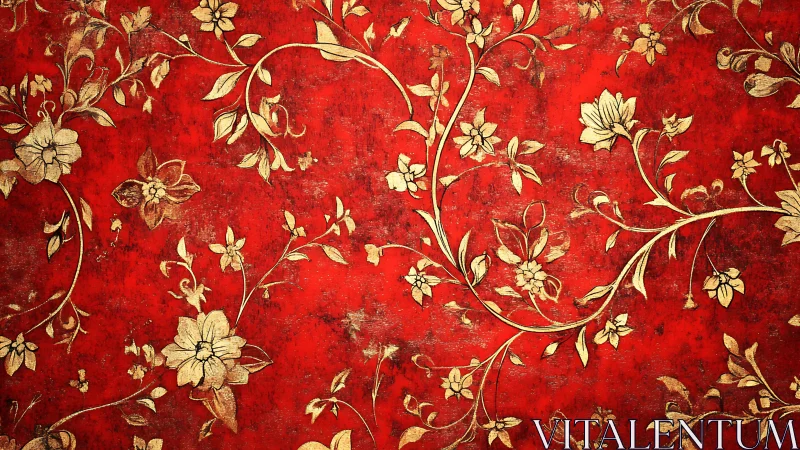 Ornate gilded floral vines on distressed crimson ground.