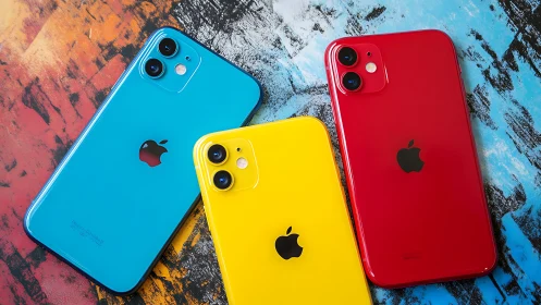 Colorful smartphones lined up on a bold painted backdrop.