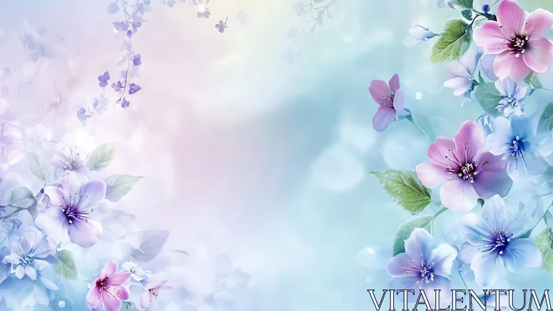 Soft Floral Composition with Pink and Blue Blossoms.