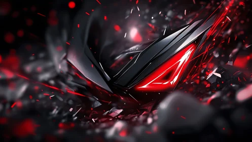 Angular metallic emblem with red luminescent core in shatterfield.