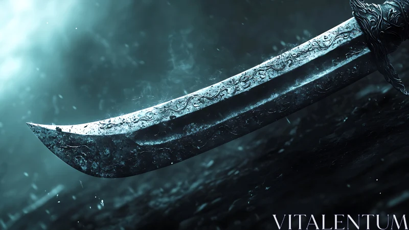 Ornate curved sword blade shown in close cinematic focus