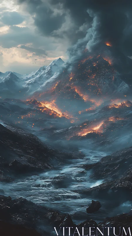 Molten mountain argues with an icy river below