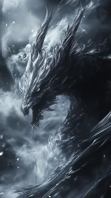 Monochrome elemental dragon coils through storm in dynamic motion