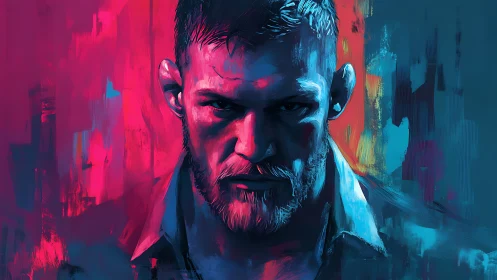 Intense neon portrait captures a determined, battle-ready gaze