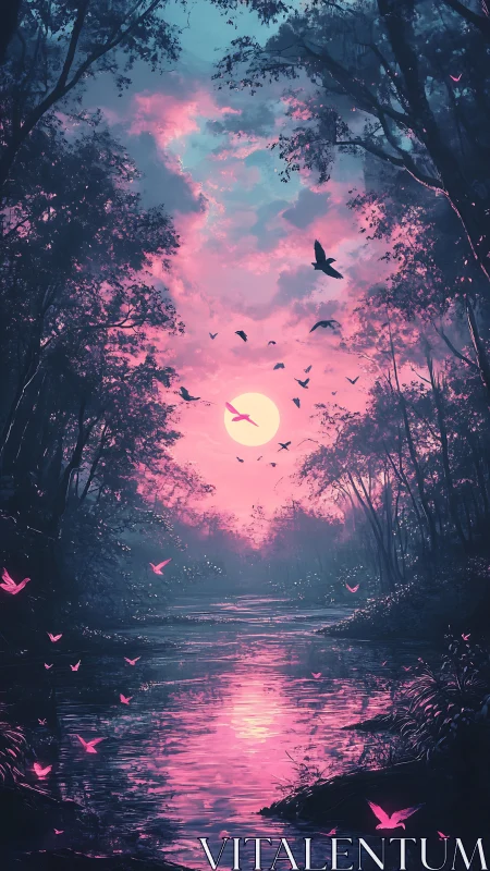 Digital painting of neon twilight river under radiant moonlit sky.