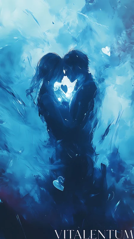 Silhouetted Embrace Within Luminous Blue Atmospheric Composition