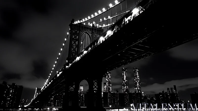 Suspended bridge arcs over a glowing monochrome city night