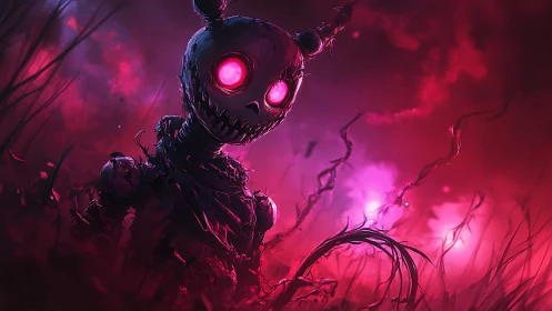 Glowing-eyed puppet wanders through neon haunted grasslands.