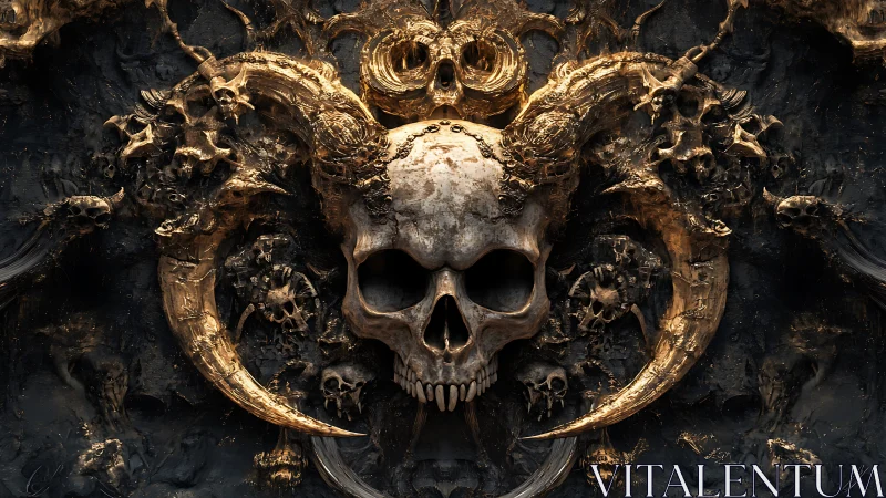 Golden horned skull altar glowing with dark mystic energy.