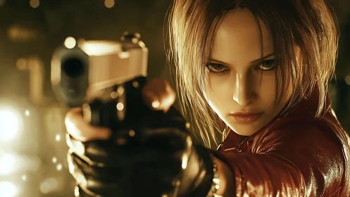 Focused woman aiming handgun in dramatic close-up.