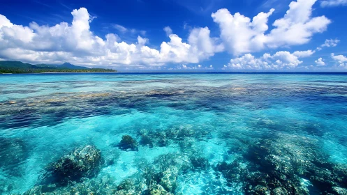 Sunlit coral lagoon beneath a sky of drifting daydream clouds.