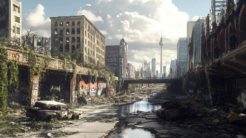 Post apocalyptic city ruins with overgrown canal street.