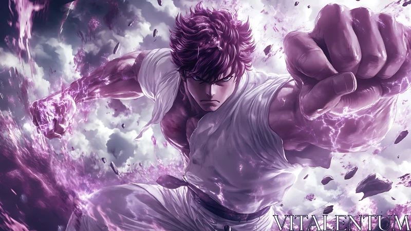 Storm-fisted warrior punching through violet-sparked sky.