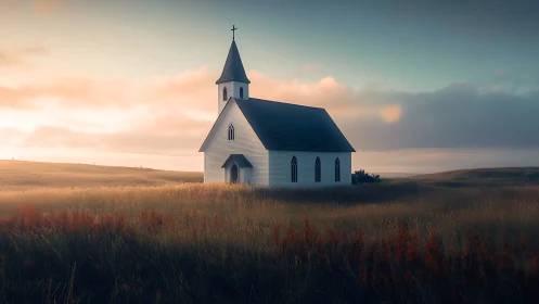 Solitary country church rests in golden, misty sunrise fields
