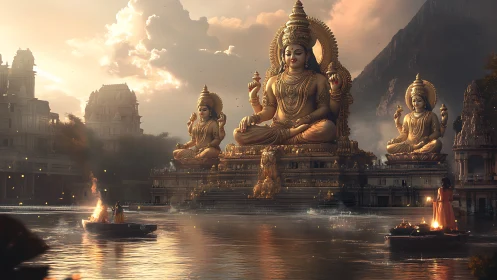 Majestic river temple with colossal golden deity statues.