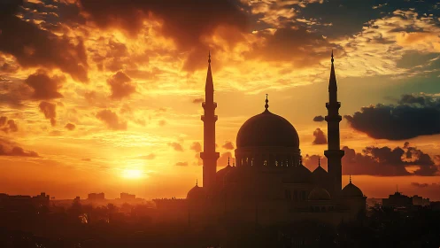 Mosque silhouette under blazing sunset sky panorama.