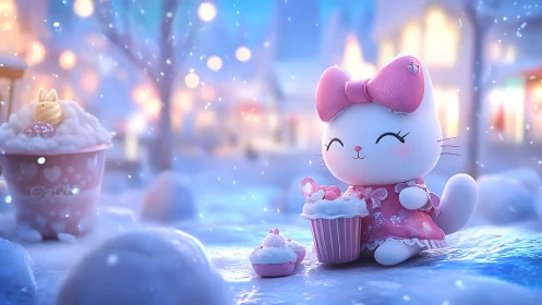 Stylized cat figure holds cupcakes in snowy outdoor scene