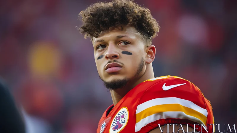 Focused football player in red jersey on game sideline.