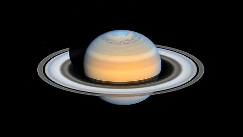 Saturn displays luminous rings and banded atmosphere in space