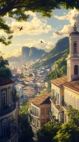 Sunlit hillside city with lush greenery and distant peaks.