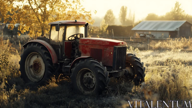 Red farm tractor sits in frosty field at sunrise