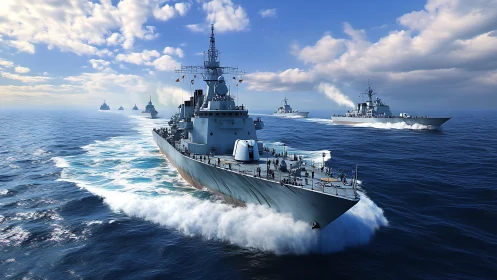 Naval destroyer fleet moves in formation across open ocean