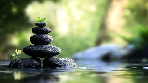 Balanced river stones with green leaves in tranquil natural setting.