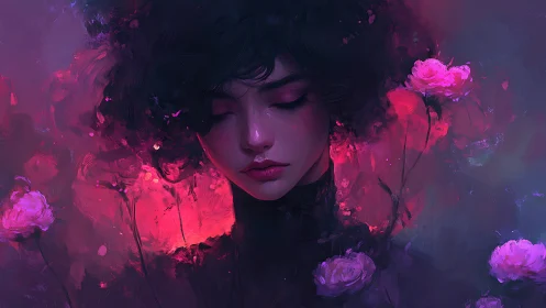 Chromatic portrait of meditative woman in neon florals.