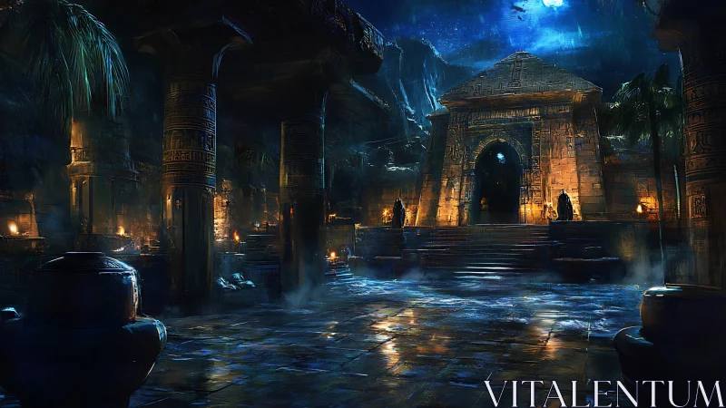 Moonlit desert temple hums under watchful cloaked sentries