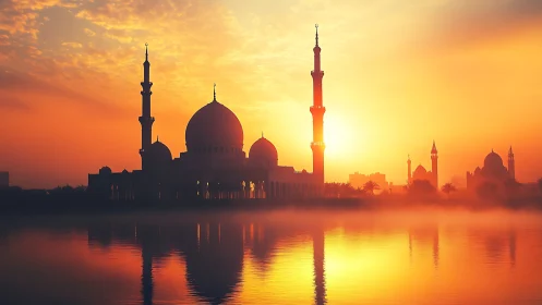 Photorealistic mosque silhouette at sunrise with reflective symmetry.