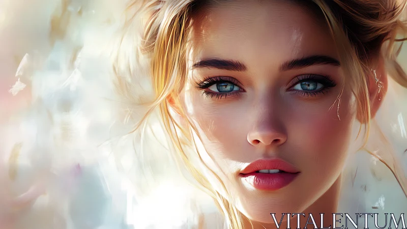 Digital portrait with luminous blue eyes and soft bokeh glow.