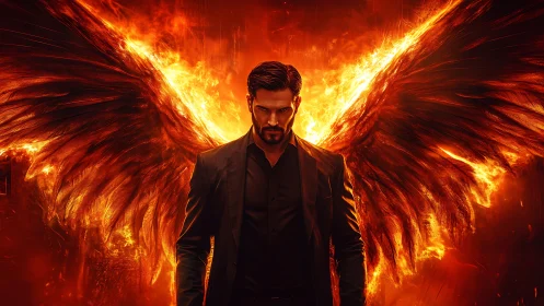 Infernal-winged humanoid in tailored suit amid combustion field.