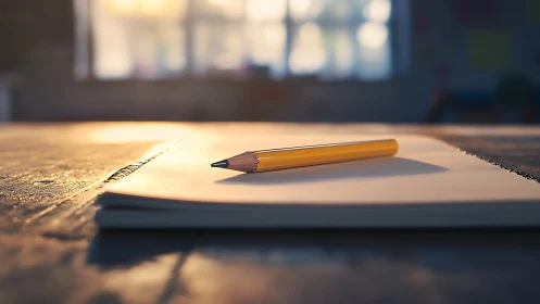 Yellow pencil on notebook in soft indoor backlit environment.