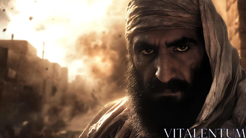 Cinematic close-up of hooded man amid explosive dustfield.