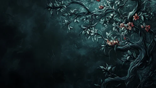Twisting floral tree silhouette rendered against textured teal void