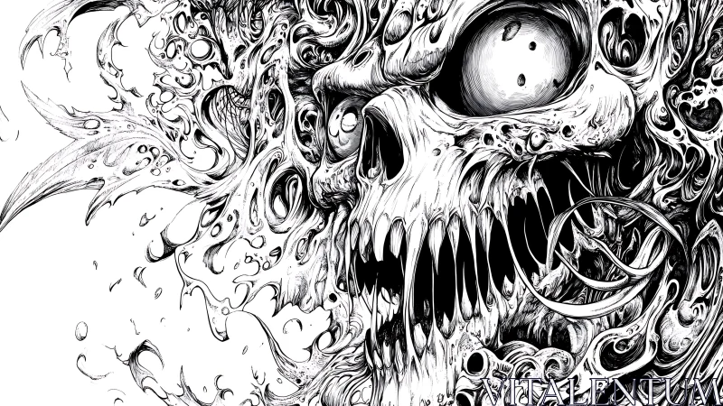Ink-rendered skeletal horror with fluid organic distortion.