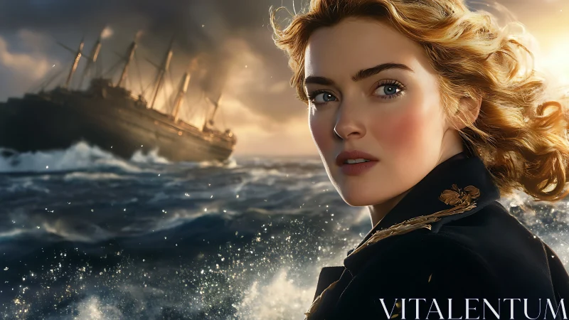 Woman in naval coat before large steamship at sea during storm.