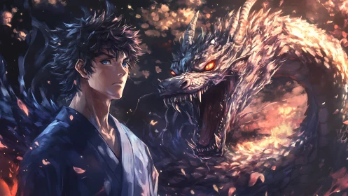 Young warrior stands before roaring elemental dragon.