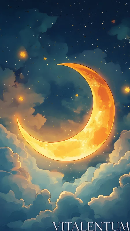 Glowing crescent moon hangs over luminous twilight clouds