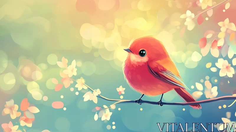 Cute Red Bird on Blossom Branch in Soft Pastel Digital Art.